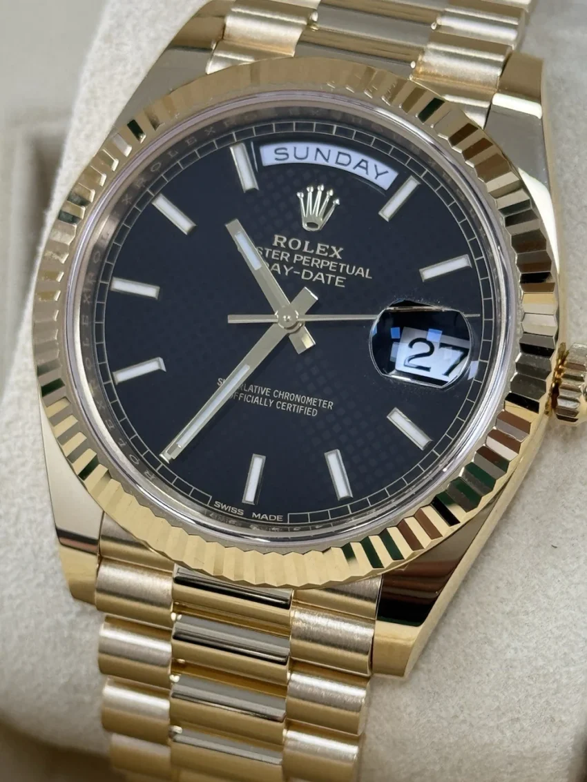 Rolex Day Date 40 228238 Yellow Gold. Black Motif Dial. 2018 Box & Papers Mint